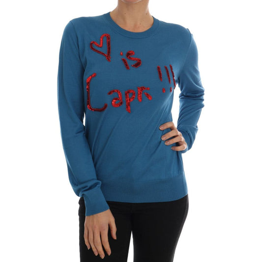 Blue Silk Sequined Capri Pullover Sweater