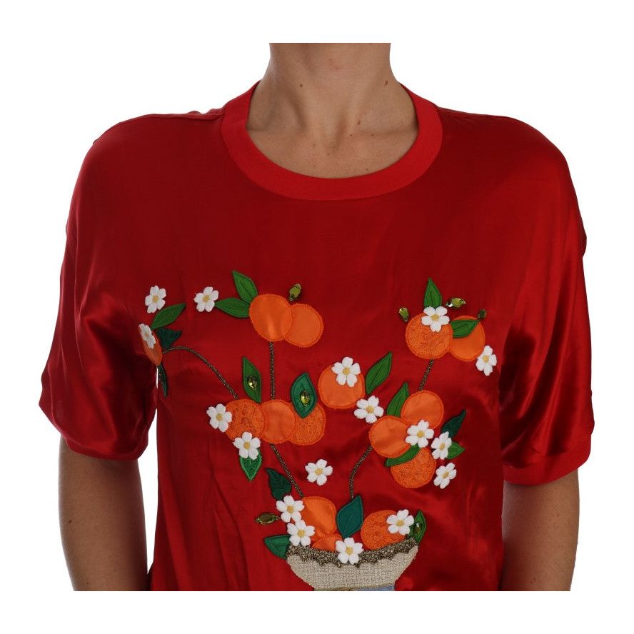 Red Silk Floral Embroidered Elegance Top