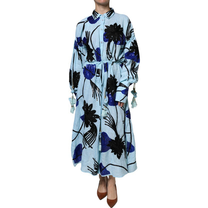Christian Pellizzari Light Blue Floral Embellished Shirt Maxi Dress