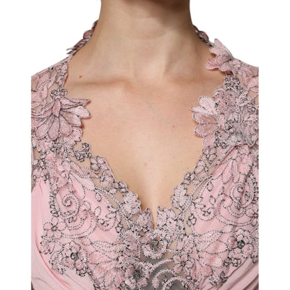 Ermanno Scervino Pink Floral Lace Short Sleeves V-neck Midi Dress