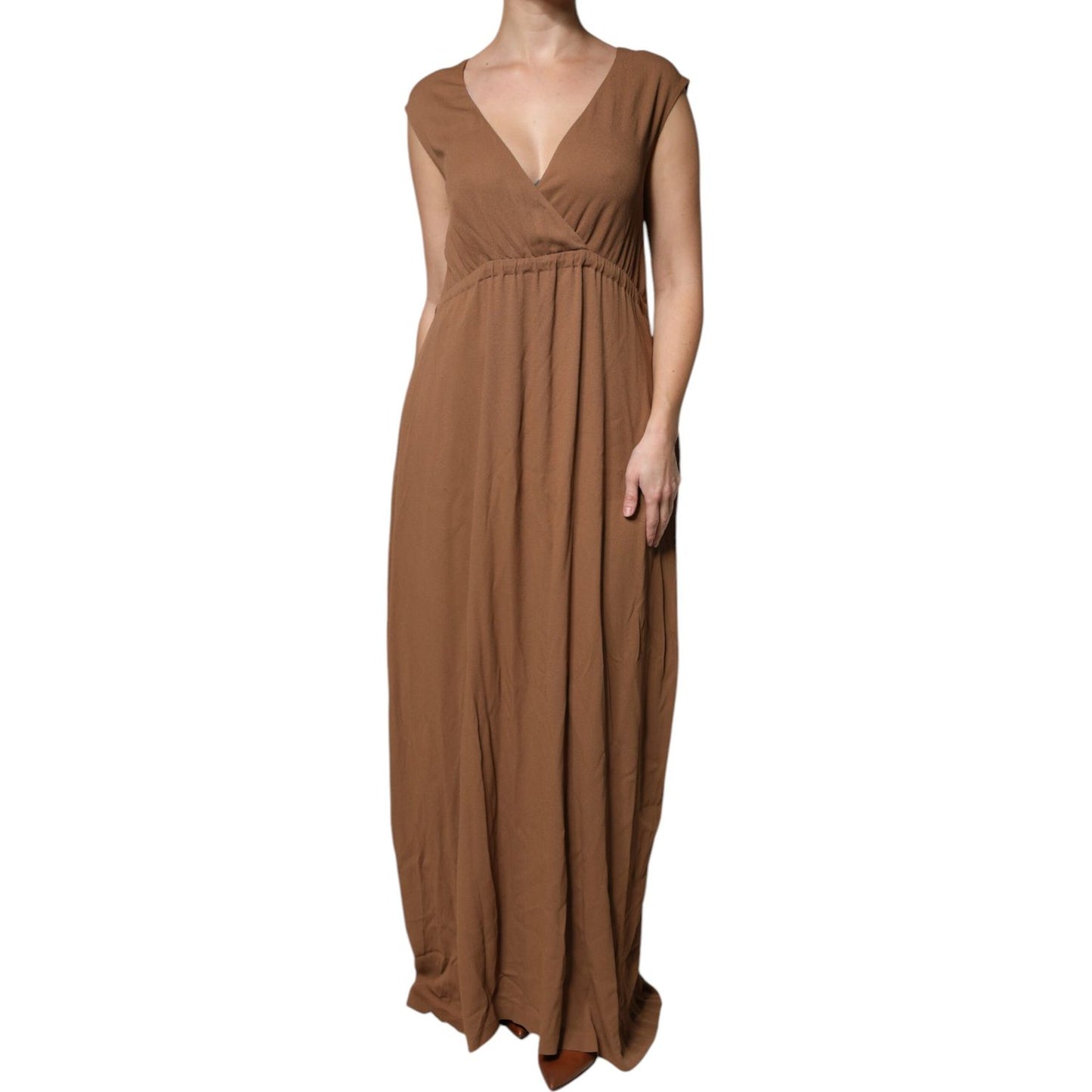 Fabiana Filippi Brown Sleeveless Deep V-neck A-line Long Maxi Dress
