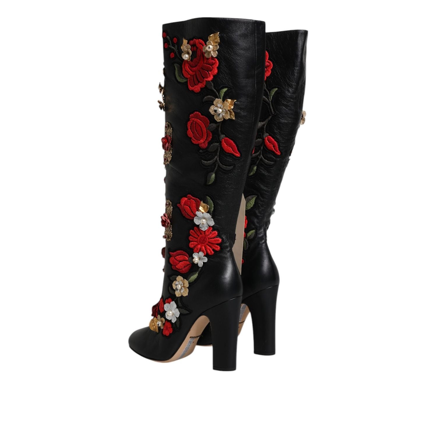Dolce & Gabbana Black Roses Embellished Leather Heel Boots Shoes