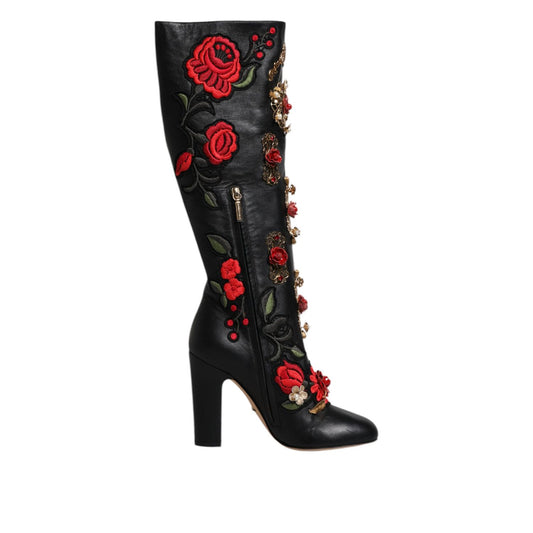 Dolce & Gabbana Black Roses Embellished Leather Heel Boots Shoes Dolce & Gabbana