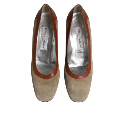 Dolce & Gabbana Beige Brown Leather Block Heels Pumps Shoes
