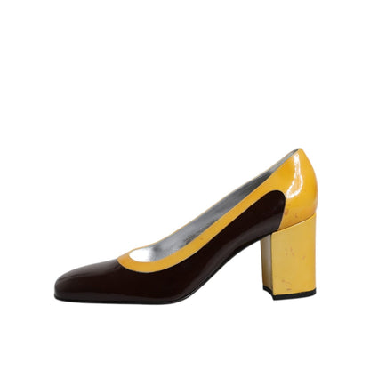 Dolce & Gabbana Yellow Brown Leather Block Heel Pumps Shoes