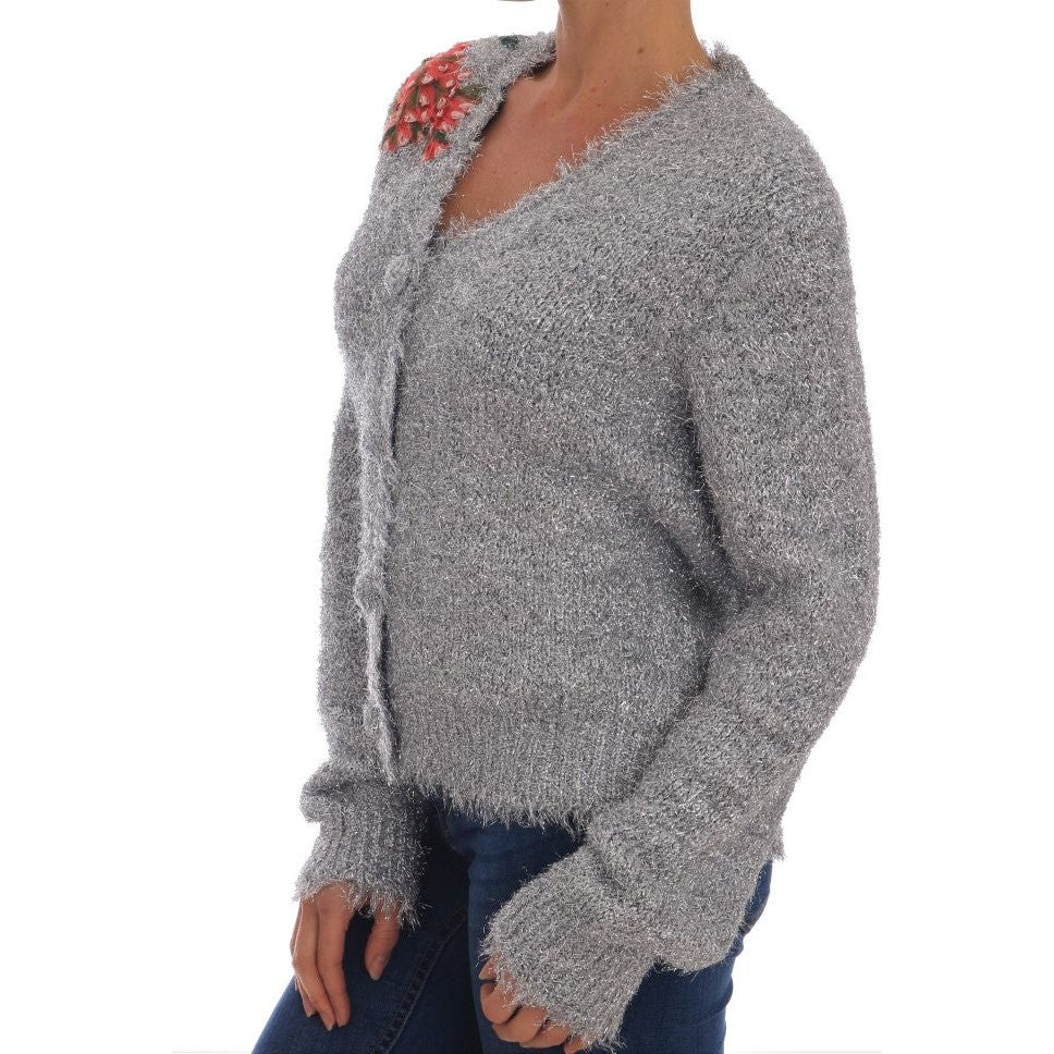 Elegant Silver Floral Applique Cardigan