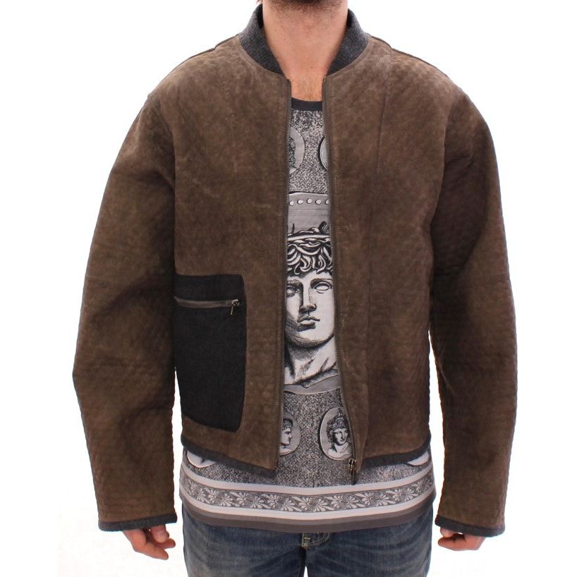 Dolce & Gabbana Elegant Leather & Wool Blend Jacket Coats & Jackets brown-gray-leather-jacket-coat