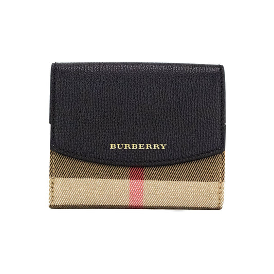 Burberry | Luna Black Grained Leather House Check Canvas Coin Pouch Snap Wallet| McRichard Designer Brands   