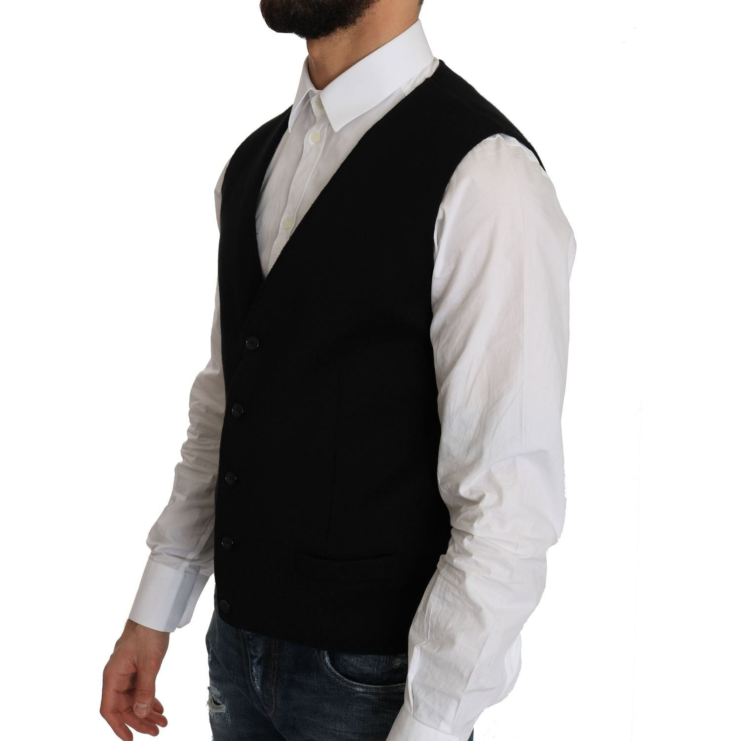 Dolce & Gabbana Black Cotton Dress Woven Waistcoat