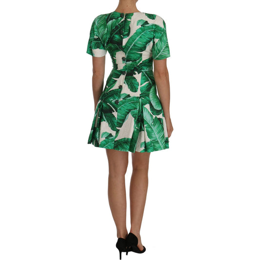 Elegant Green Banana Leaf Print A-Line Dress