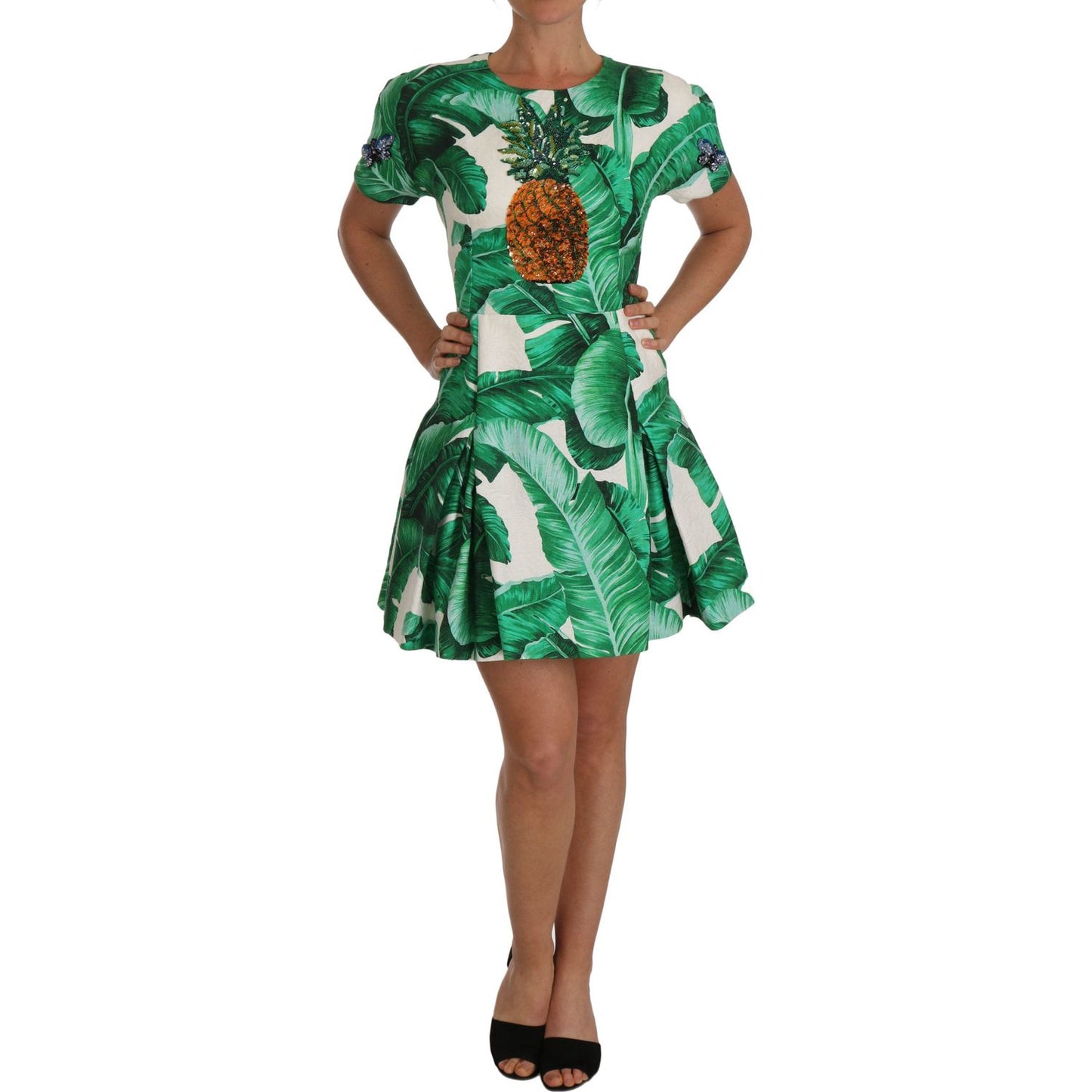 Elegant Green Banana Leaf Print A-Line Dress