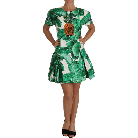 Elegant Green Banana Leaf Print A-Line Dress