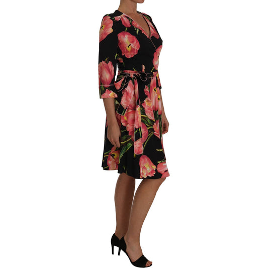 Elegant Black Shift Dress with Pink Tulips Print