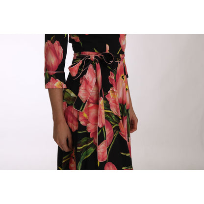 Dolce & Gabbana Black Pink Tulip Print Stretch Shift Dress