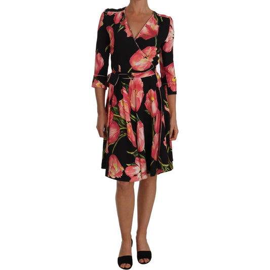 Elegant Black Shift Dress with Pink Tulips Print