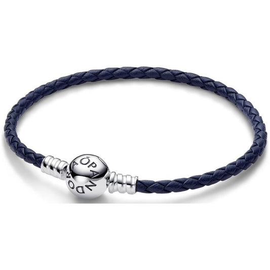 PANDORA MOMENTS COLLECTION Mod. ROUND CLASP BLUE BRAIDED LEATHER BRACELET-0