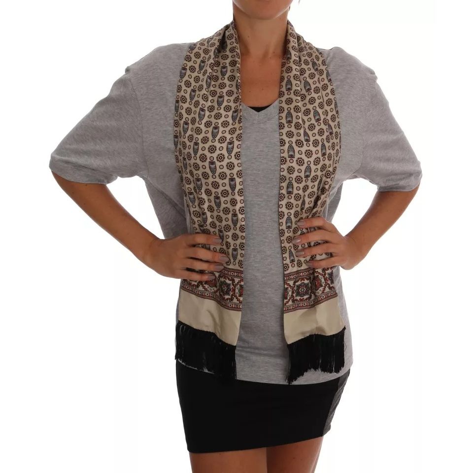 Dolce & Gabbana Gray Cotton Owl Silk Scarf Top T-shirt Dolce & Gabbana
