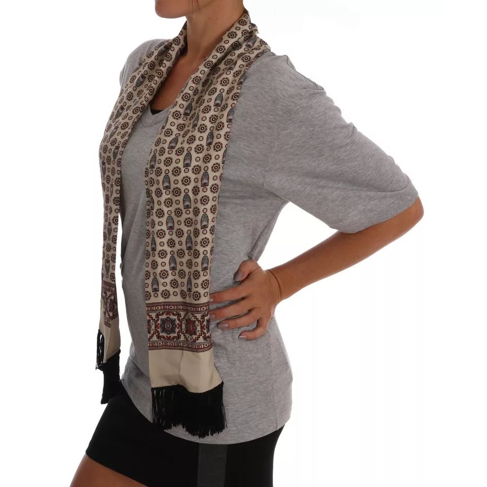 Dolce & Gabbana Gray Cotton Owl Silk Scarf Top T-shirt Dolce & Gabbana
