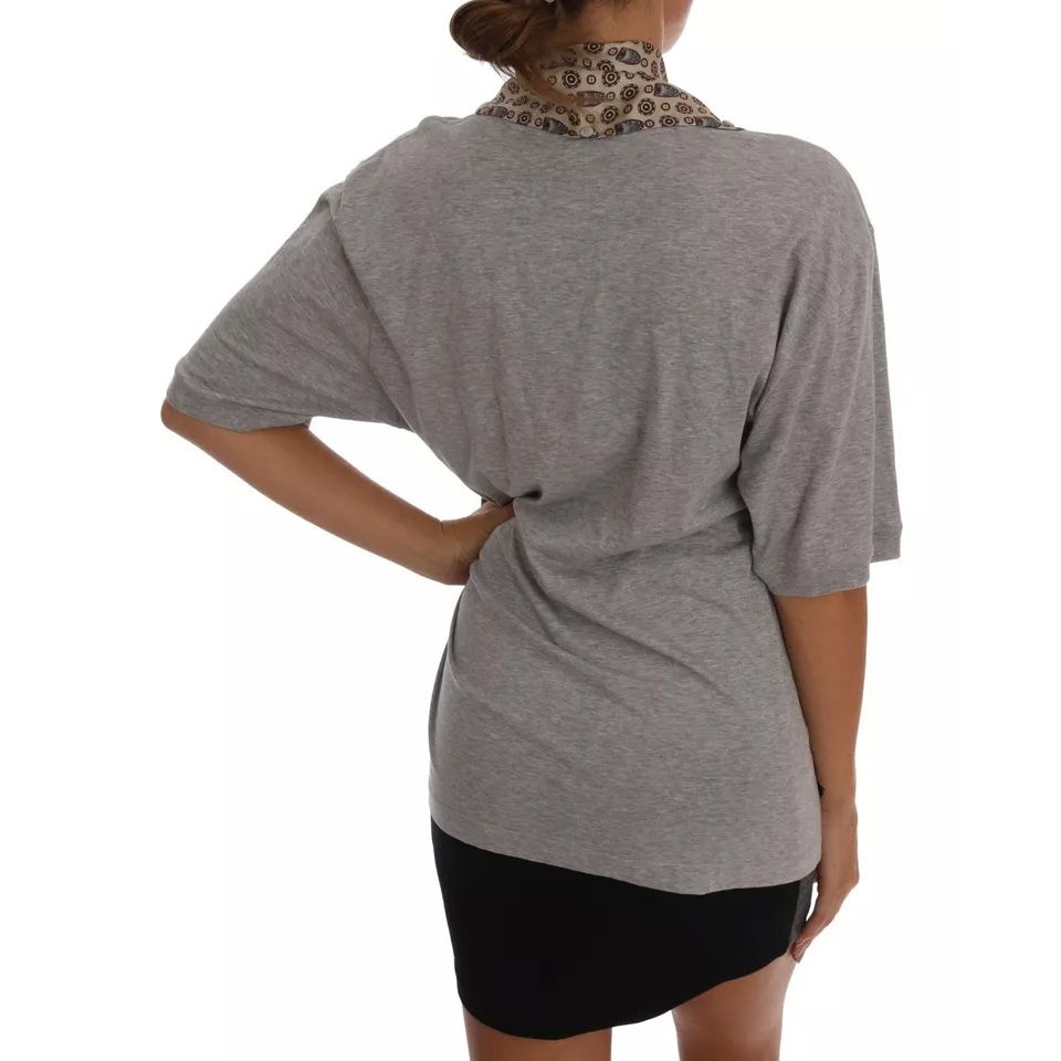 Dolce & Gabbana Gray Cotton Owl Silk Scarf Top T-shirt Dolce & Gabbana