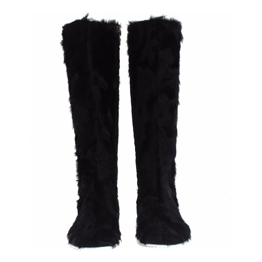 Dolce & Gabbana | Elegant Black Fur Leather Flat Sneaker Boots| McRichard Designer Brands   