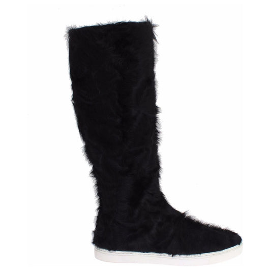 Dolce & Gabbana Elegant Black Fur Leather Flat Sneaker Boots elegant-black-fur-leather-flat-sneaker-boots