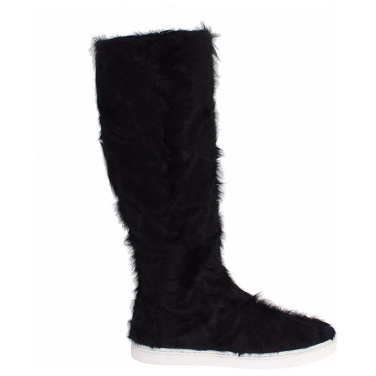 Elegant Black Fur Leather Flat Sneaker Boots