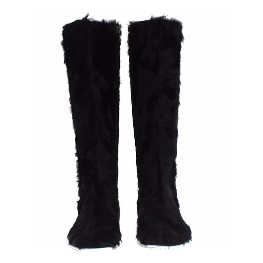 Elegant Black Fur Leather Flat Sneaker Boots