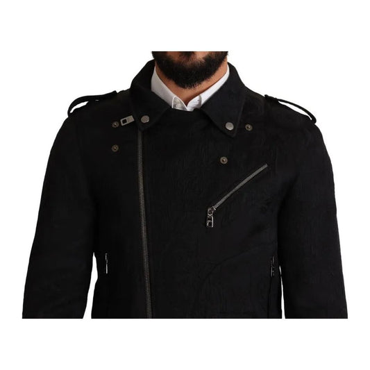 Black Brocade Full Zip Biker Coat Jacket