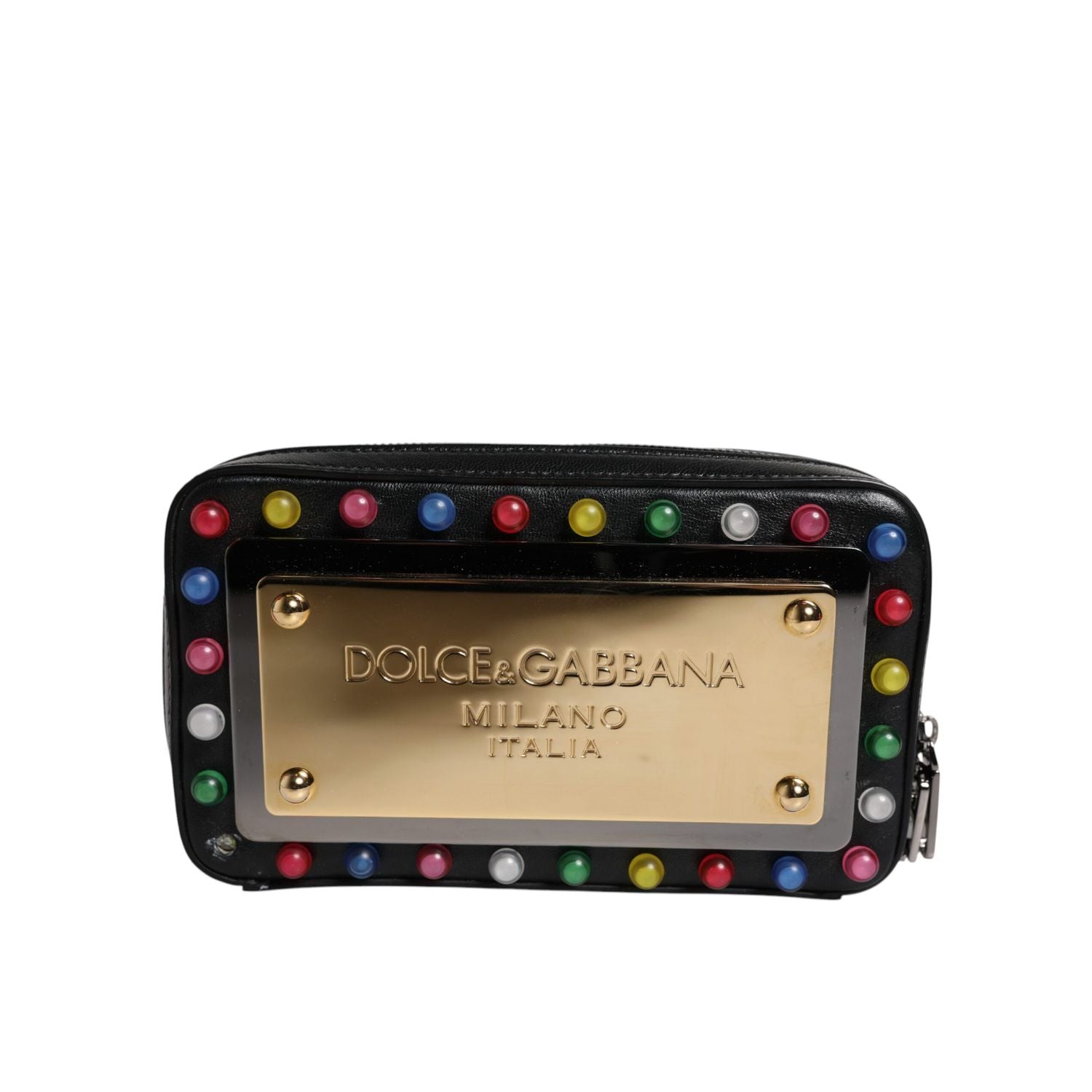 Dolce & Gabbana Black Leather LED Logo Wrist Strap Clutch Bag