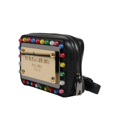 Dolce & Gabbana Black Leather LED Logo Wrist Strap Clutch Bag