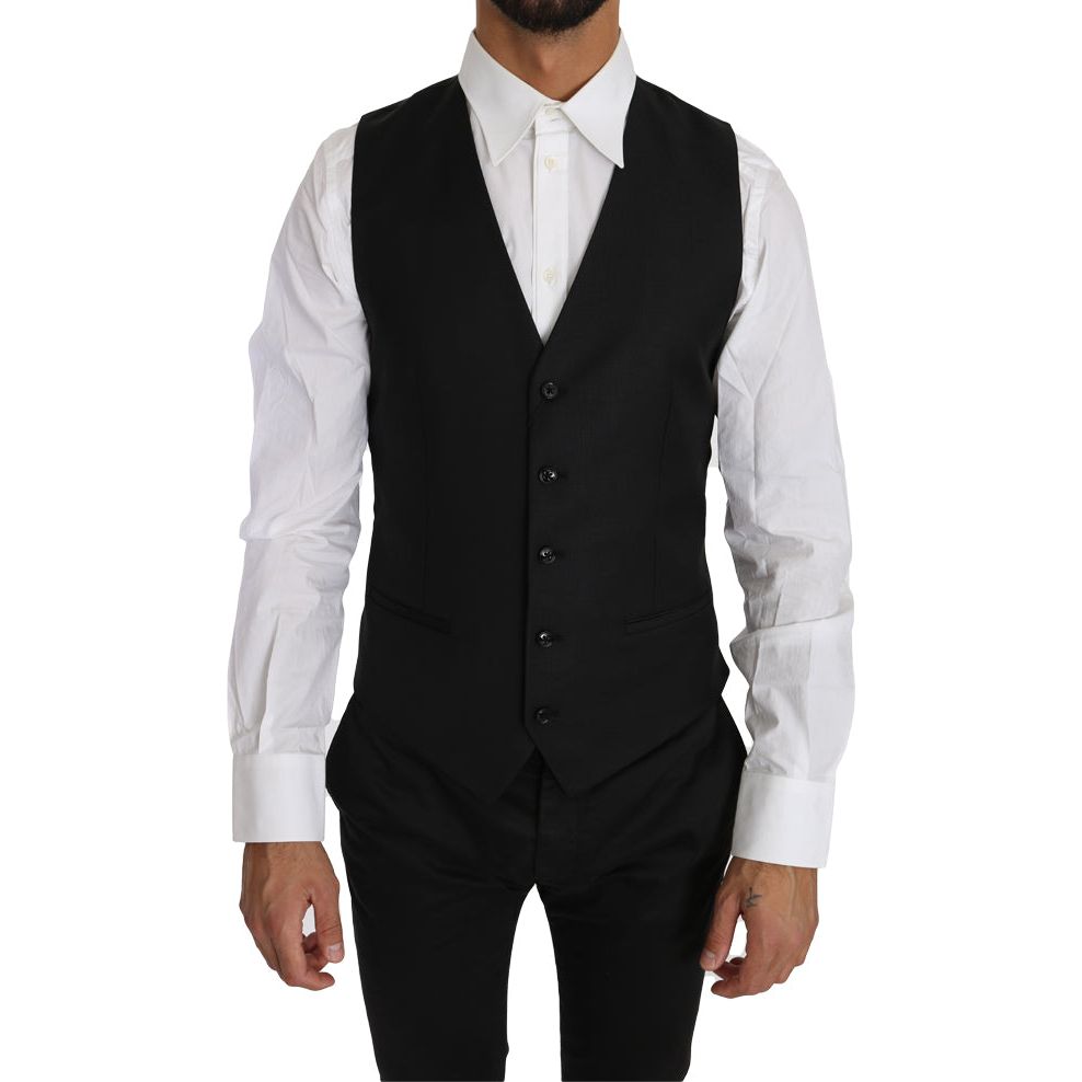 Sleek Black Wool-Silk Formal Vest