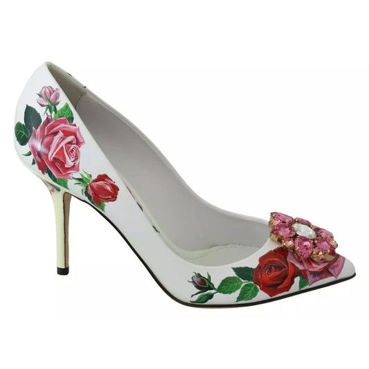 Dolce & Gabbana White Leather Roses Crystal Pumps Shoes Dolce & Gabbana