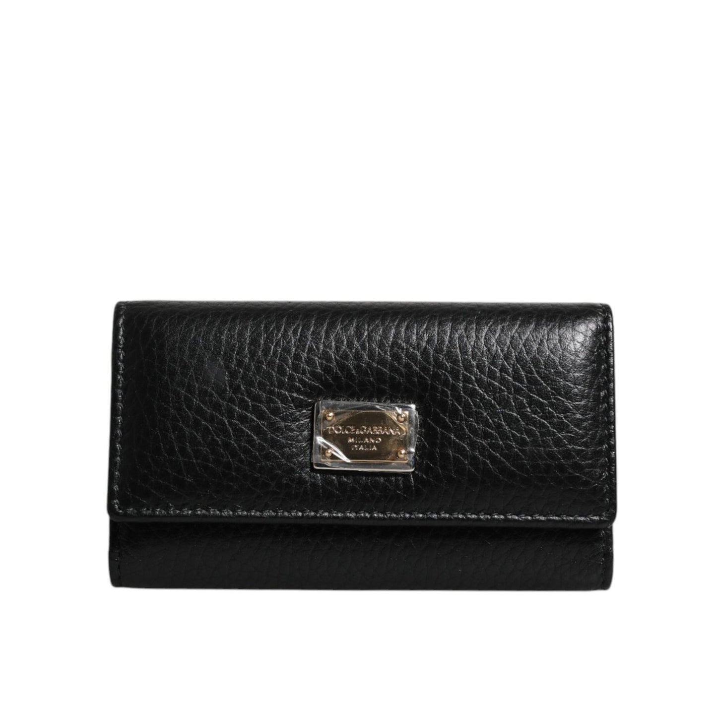 Dolce & Gabbana Black Leather Gold Metal Logo Plaque Trifold Keyring Dolce & Gabbana