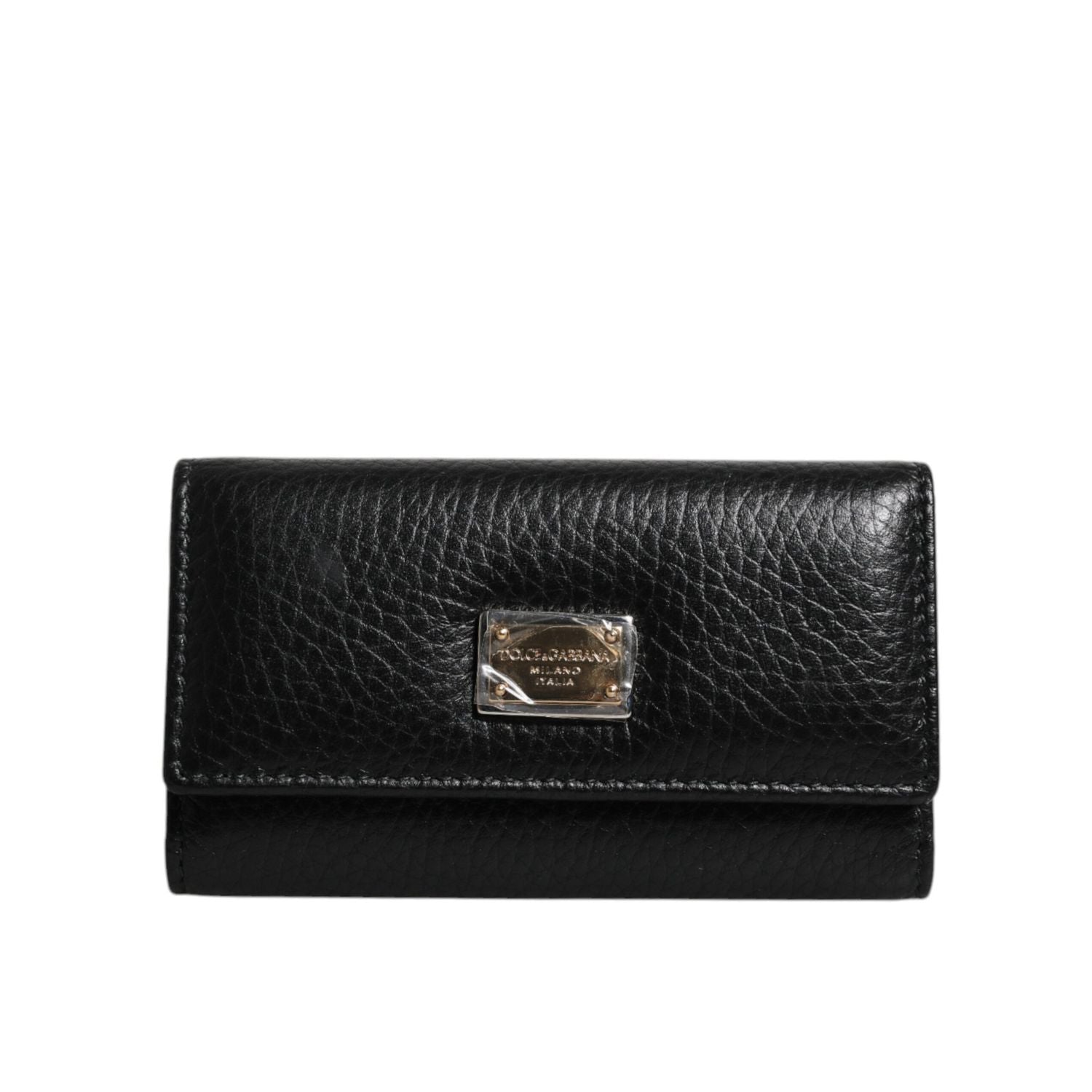 Dolce & Gabbana Black Leather Gold Metal Logo Plaque Trifold Keyring