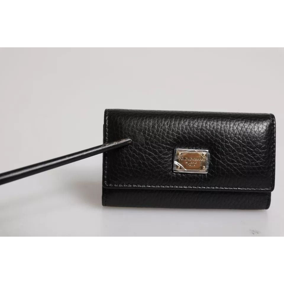 Dolce & Gabbana Black Leather Gold Metal Logo Plaque Trifold Keyring Dolce & Gabbana
