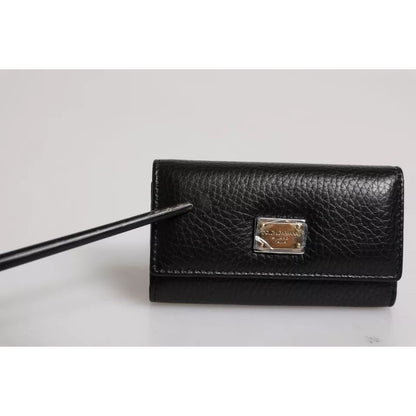 Dolce & Gabbana Black Leather Gold Metal Logo Plaque Trifold Keyring Dolce & Gabbana