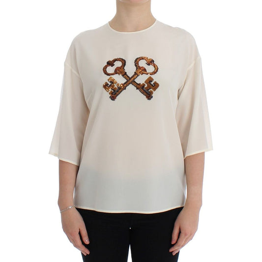 Ivory Sequined Silk Blouse Top