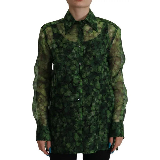 Dolce & Gabbana Green Clover Print Long Sleeves Collared Top Blouse