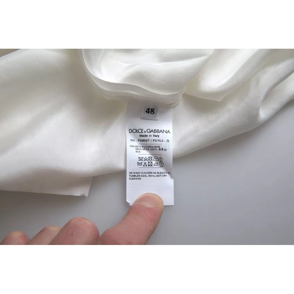 Dolce & Gabbana White Silk Collared 3/4 Sleeves Blouse Top