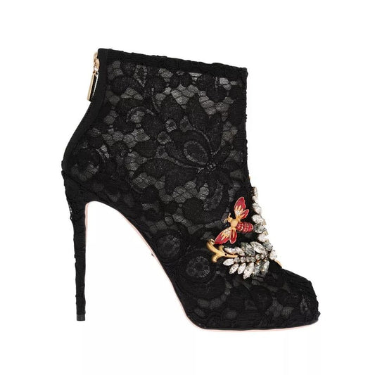 Dolce & Gabbana Black Crystal Lace Booties Stilettos Shoes Dolce & Gabbana