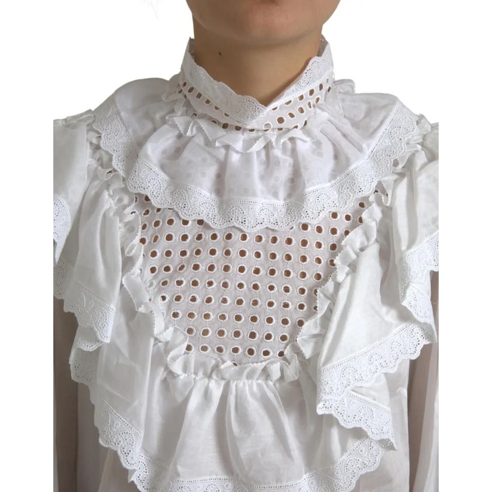 Dolce & Gabbana White Cotton Lace Trim Turtle Neck Blouse