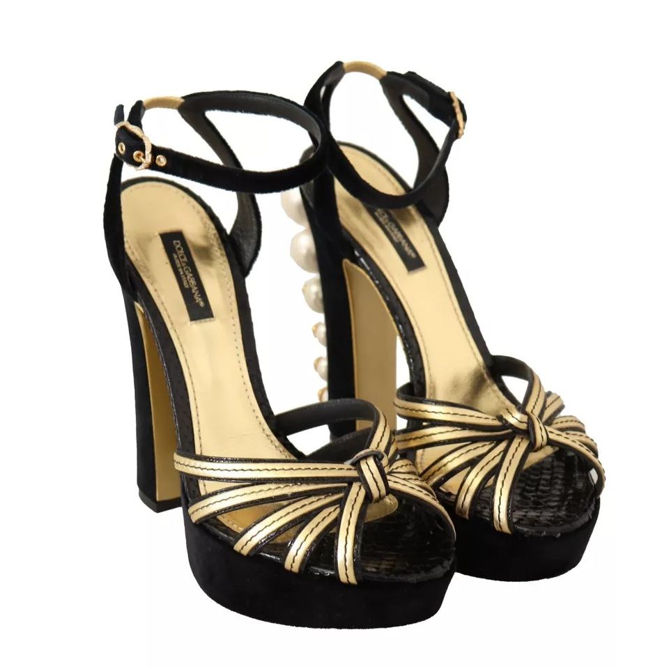 Dolce & Gabbana Black Gold Bianca Faux Pearl Sandals Dolce & Gabbana