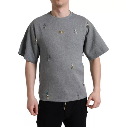 Dolce & Gabbana Gray Cotton Embellished Crew Neck T-shirt Dolce & Gabbana
