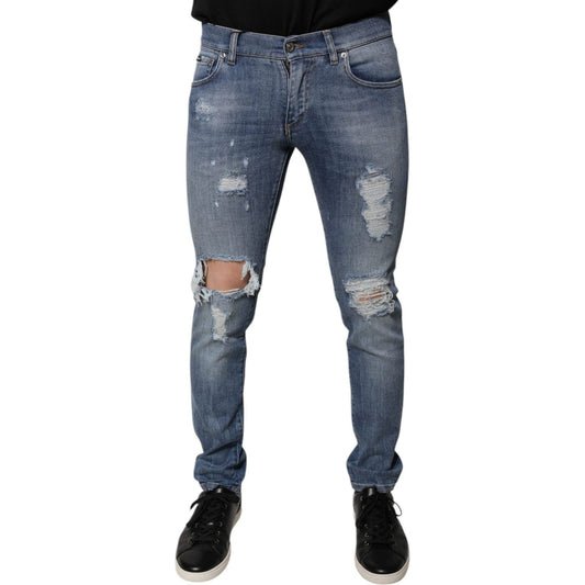 Dolce & Gabbana Blue Tattered Cotton Stretch Skinny Denim Jeans