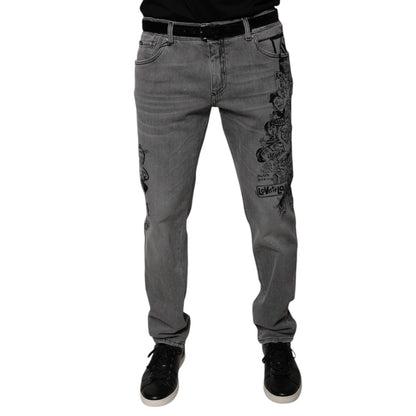Dolce & Gabbana Gray Graphic Print Cotton Skinny Denim Jeans