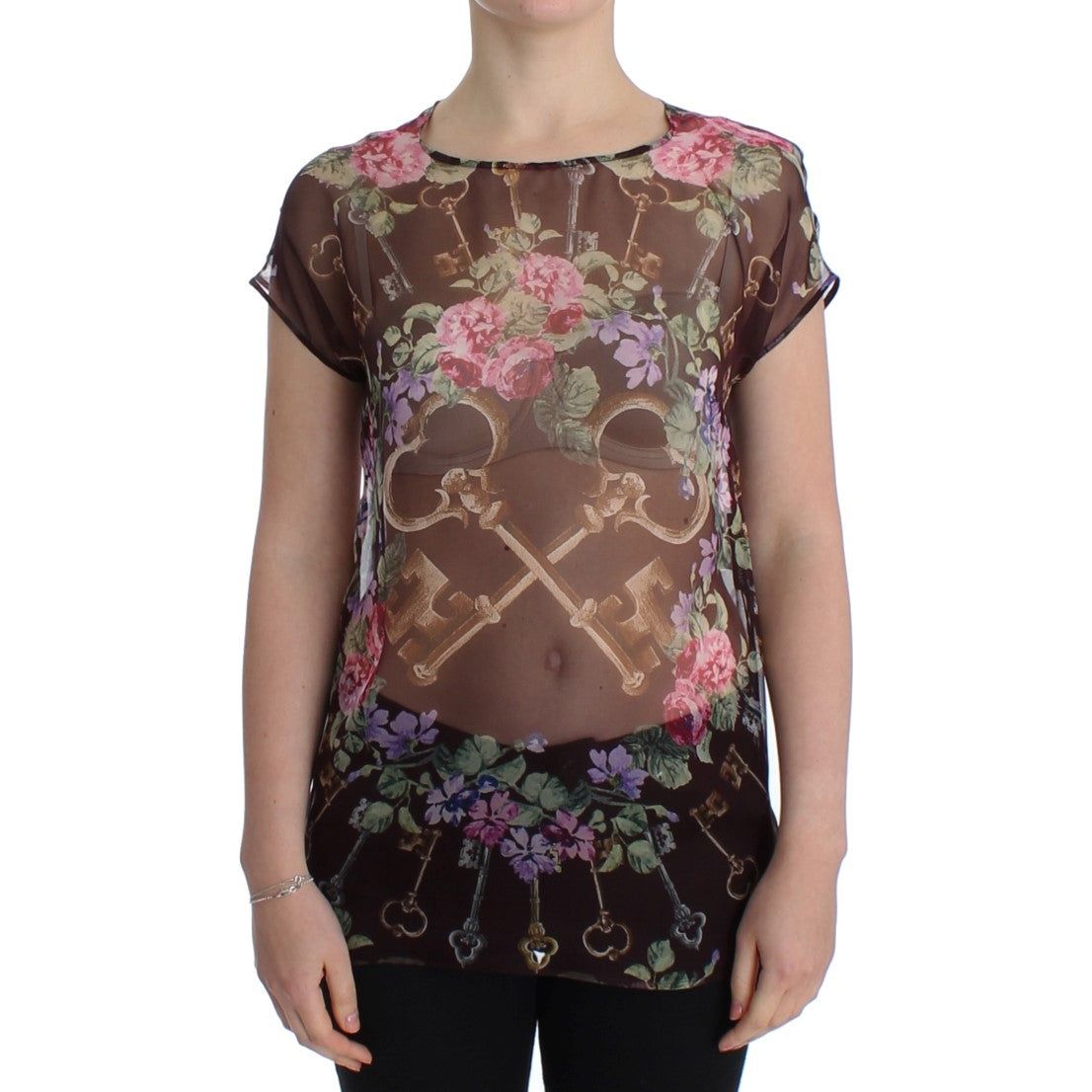 Elegant Floral Silk Blouse with Cap Sleeves