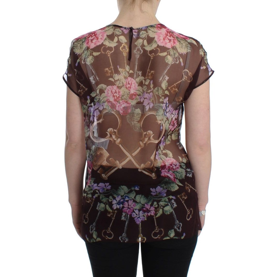 Elegant Floral Silk Blouse with Cap Sleeves