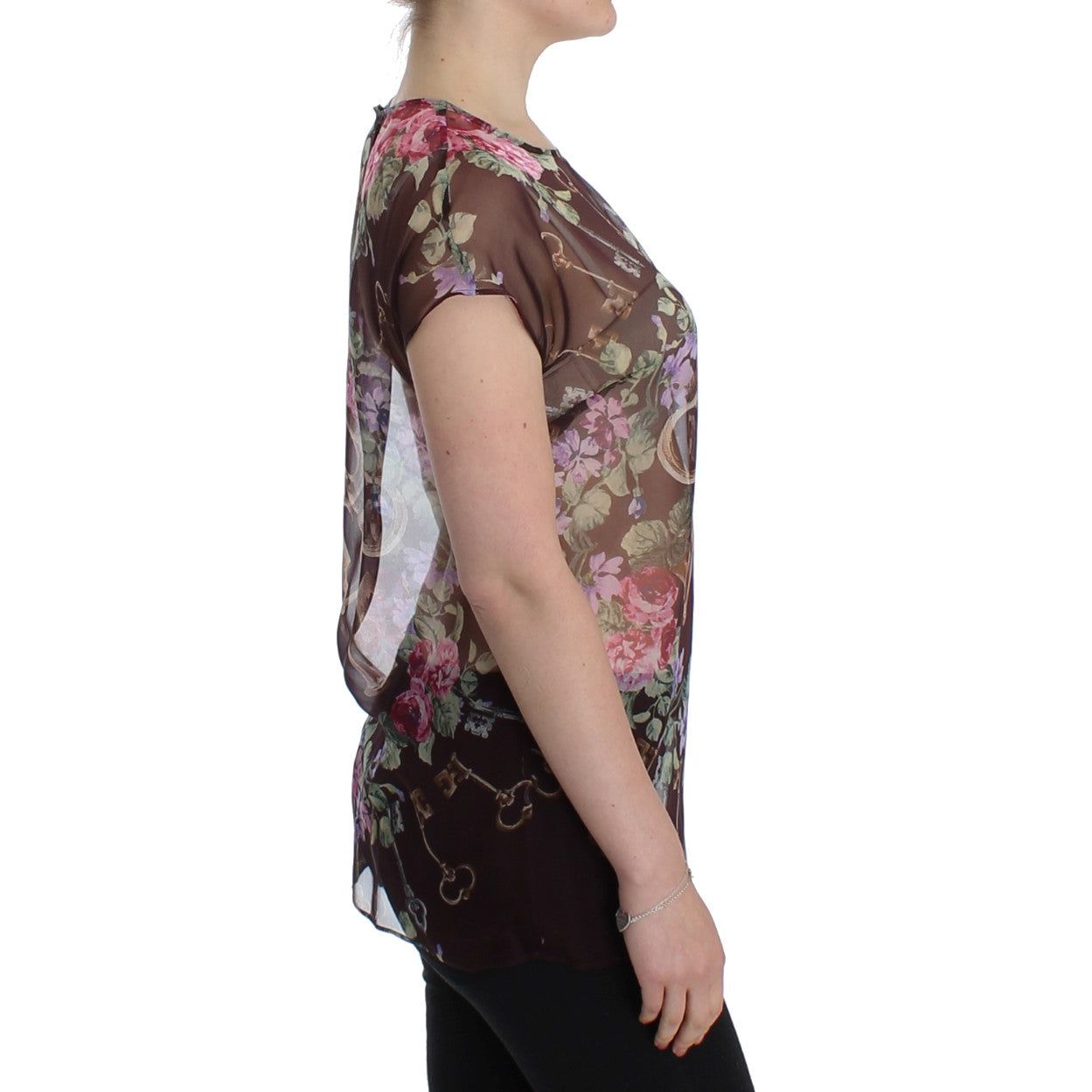 Elegant Floral Silk Blouse with Cap Sleeves