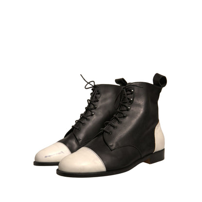 Sergio Rossi Black White Leather Lace Up Flats Ankle Boots Shoes