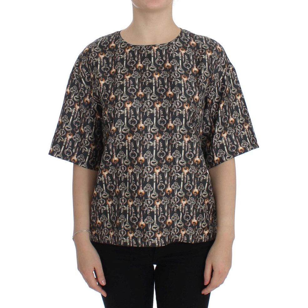 Enchanted Sicily Silk Blouse with Medieval Keys Print